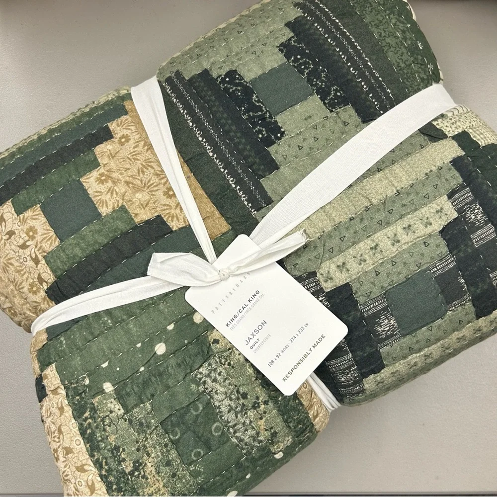 Pottery Barn Jaxson Quilt Patchwork Green Cream Reversible King / California NWT